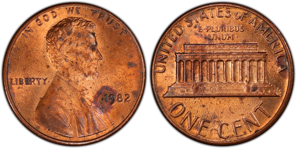1982 penny reverse doubled die error showing doubling on UNITED STATES OF AMERICA and ONE CENT lettering — FS-1801 variety