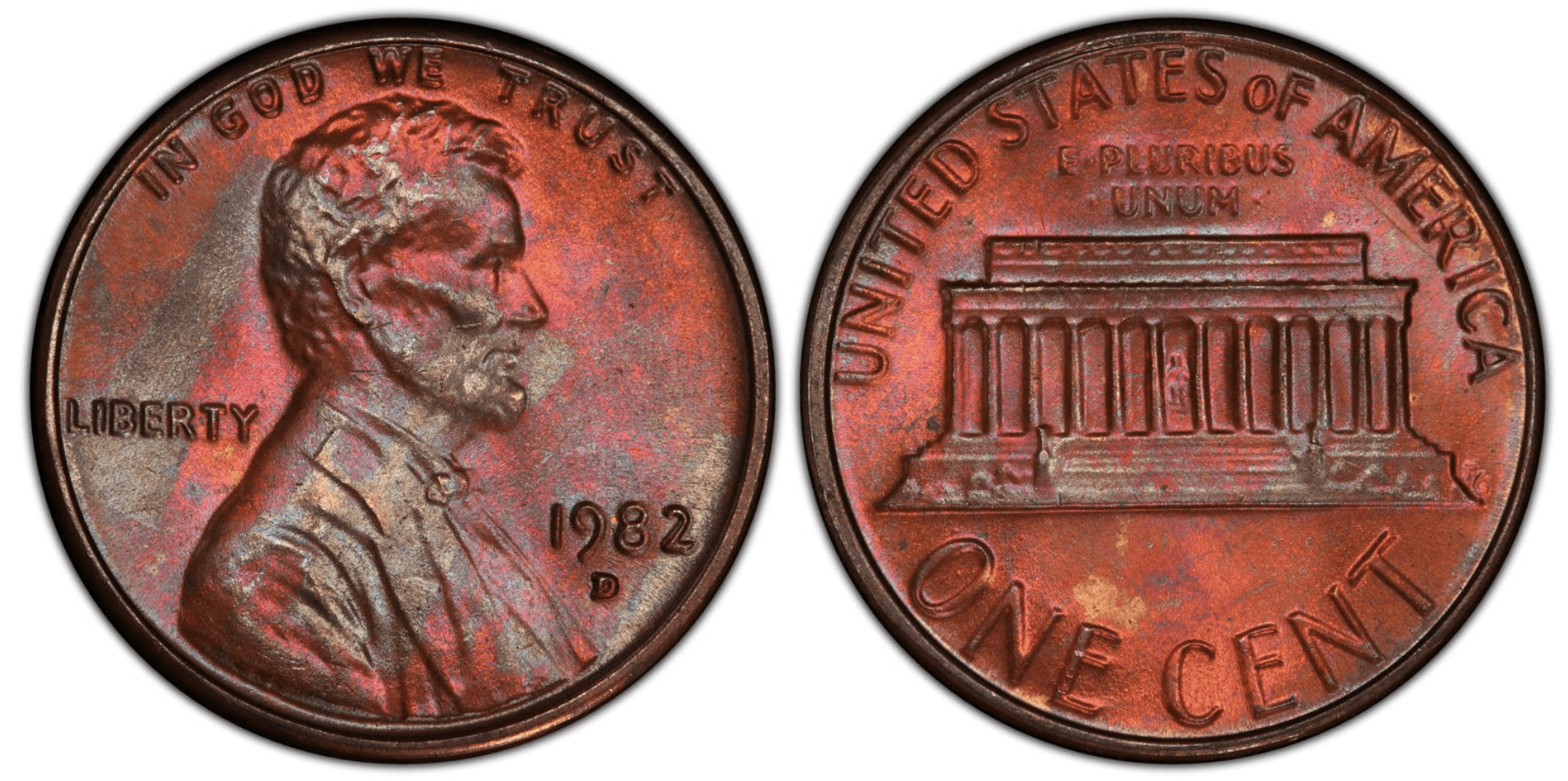 1982 penny grading comparison showing four coins from heavily worn (Good/G4) to uncirculated (Mint State) demonstrating how condition affects value